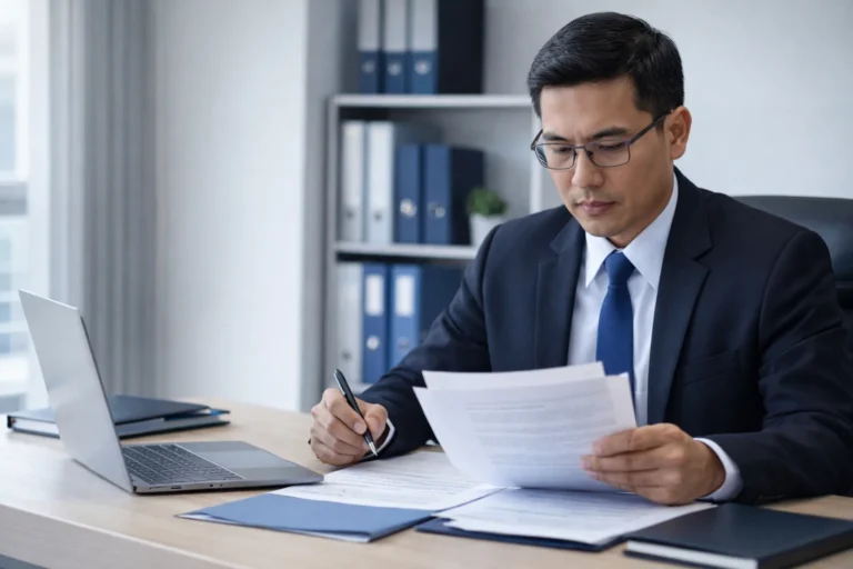 Debt recovery lawyer in Selangor reviewing unpaid debt documents in office