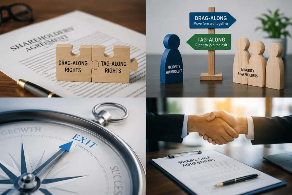 Illustration explaining drag-along and tag-along rights in shareholders agreements involving majority and minority shareholders in Malaysia.