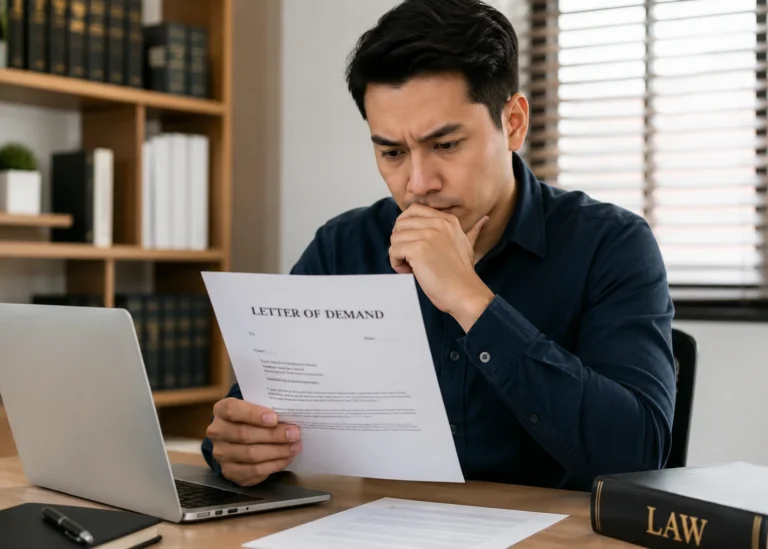 Man reading a Letter of Demand (LOD) in Malaysia and considering his legal options